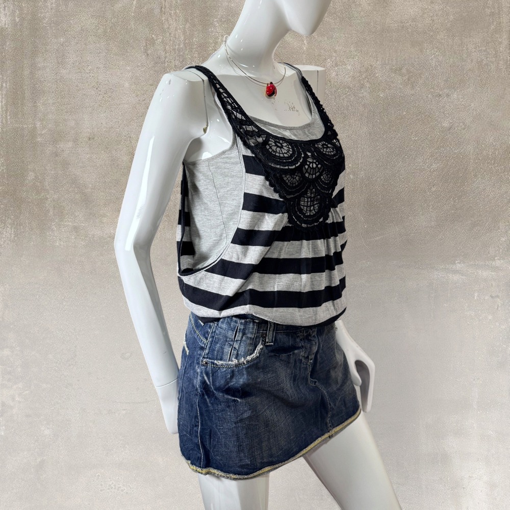 Y2K Black Gray Striped Crochet Lace Babydoll Tank Top S/M